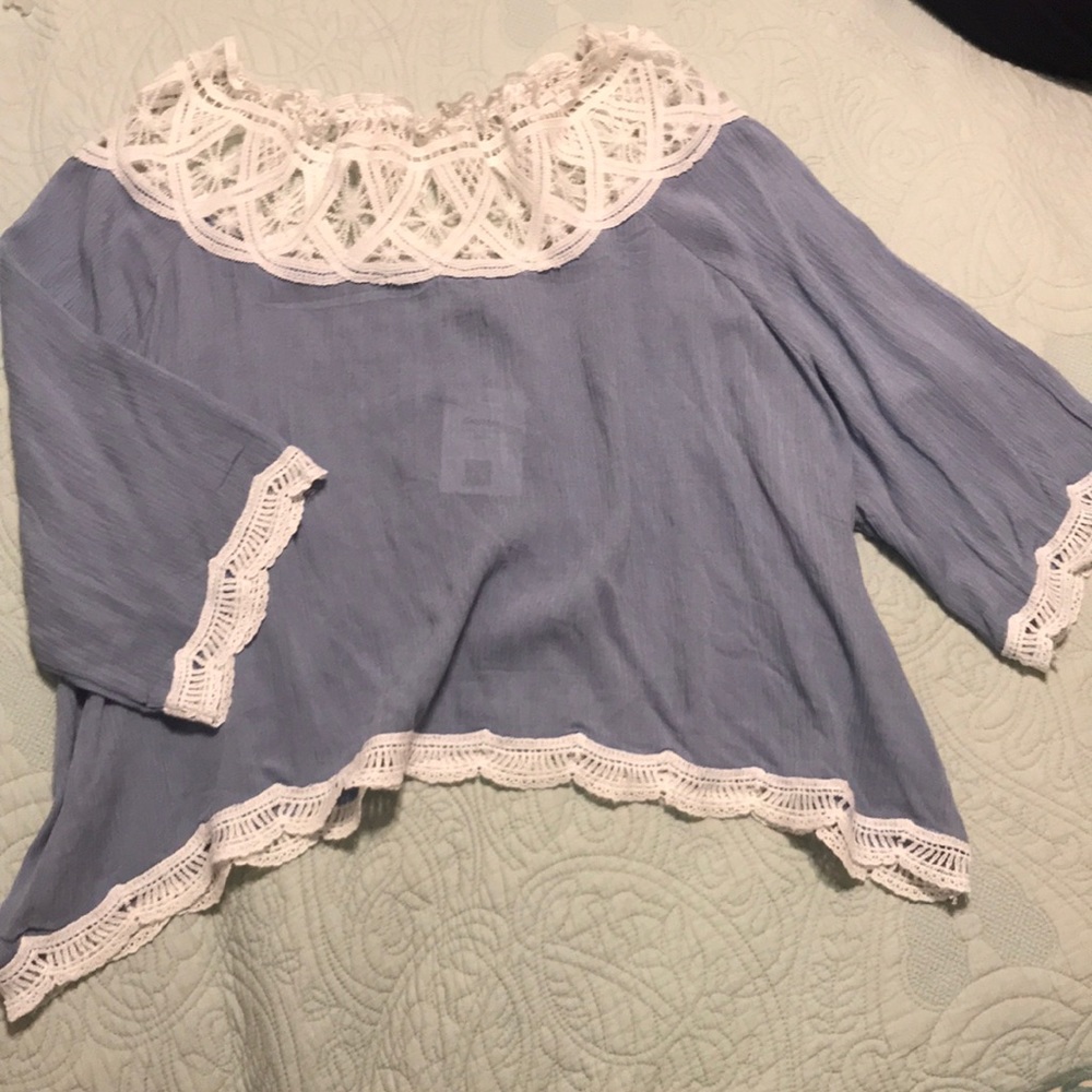 Blue off the shoulder top with crochet detail